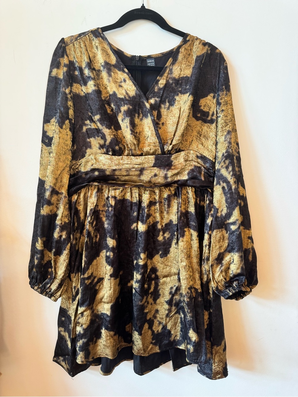 SHEIN Gold and Black Velvet Wrap-Style Long Sleeve Dress